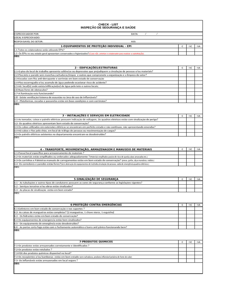 Checklist de Segurança e Saúde no Trabalho | PDF