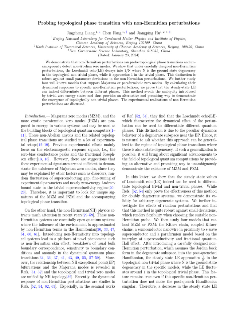 Probing Topological Phase Transition With Non-Hermitian Perturbations ...
