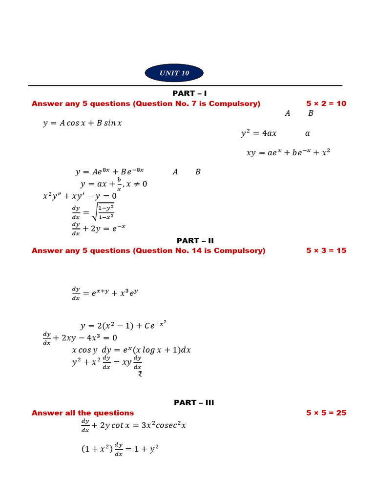 Differential Equations Practice Questions | PDF | Salt | Equations