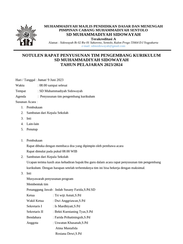 Notulen Rapat Kurikulum SD Muhammadiyah | PDF