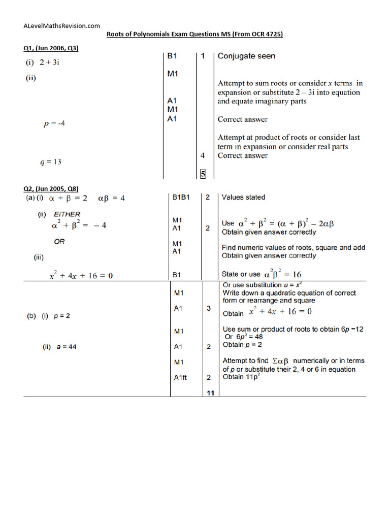 Roots of Polynomials Exam Questions MARKSCHEME | PDF