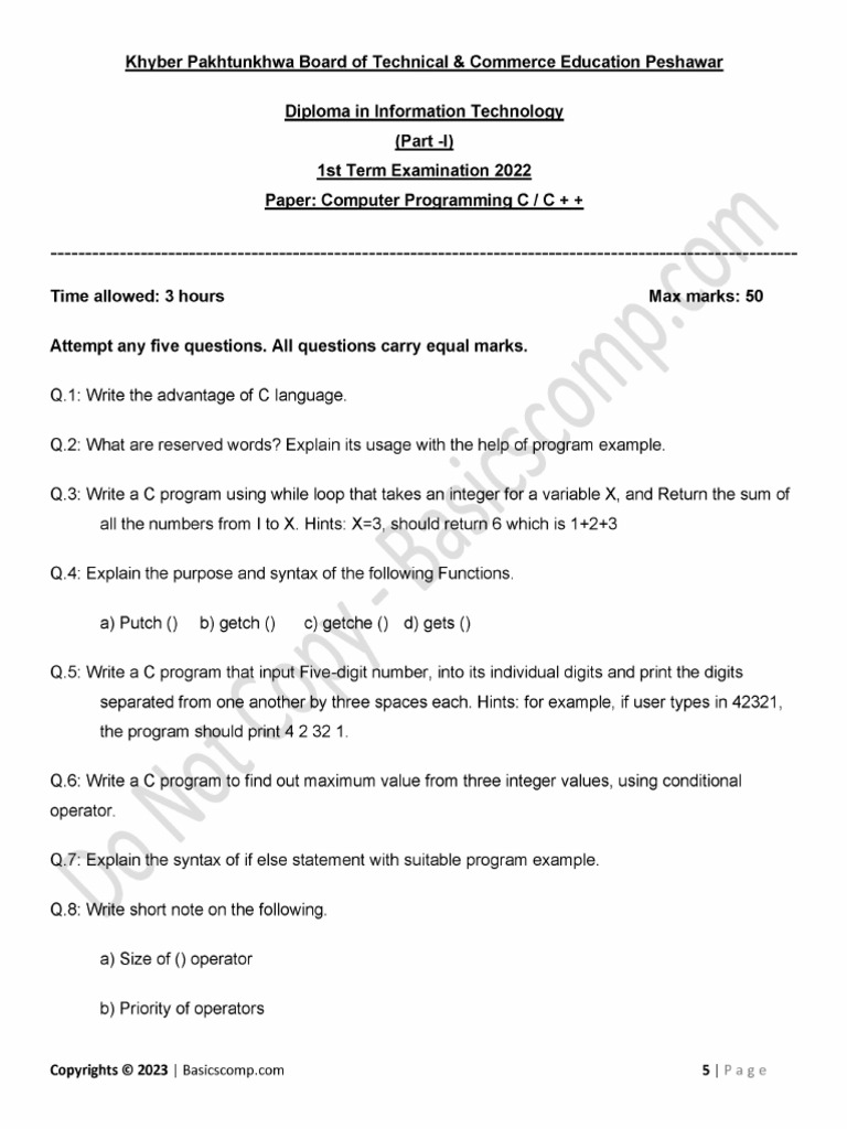 DIT Past Papers 2022 Computer Programming C C | PDF