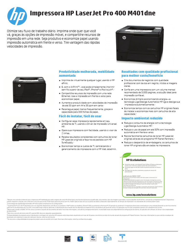Impressora HP LaserJet Pro 400 M401dne | PDF | Hewlett Packard ...