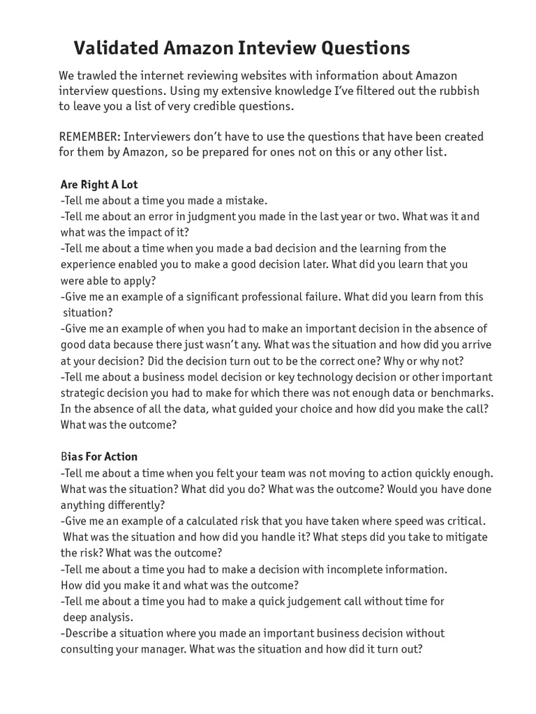 Essential Amazon Interview Questions Guide | PDF | Risk | Brand