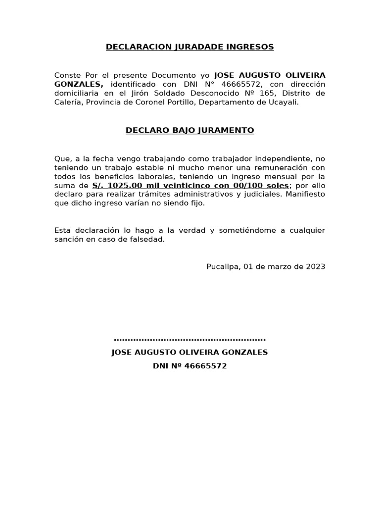 Declaración Jurada de Ingresos 2023 | PDF