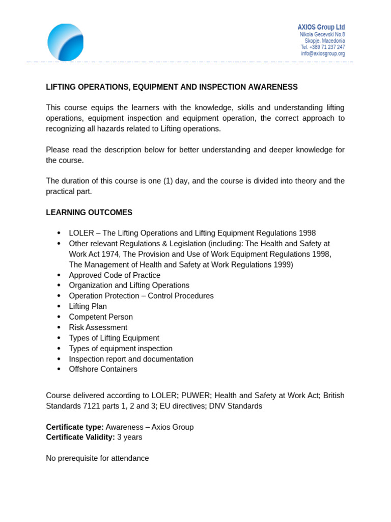 LOLER Awareness Syllabus | PDF