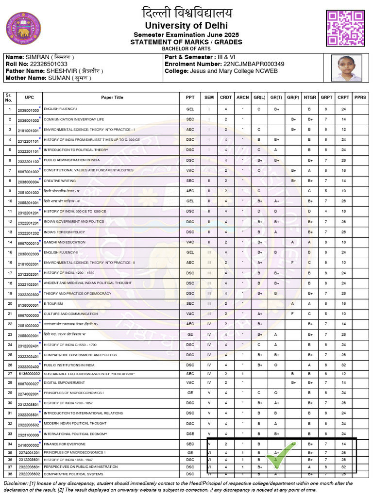 DU BA Semester Exam Results 2025 | PDF