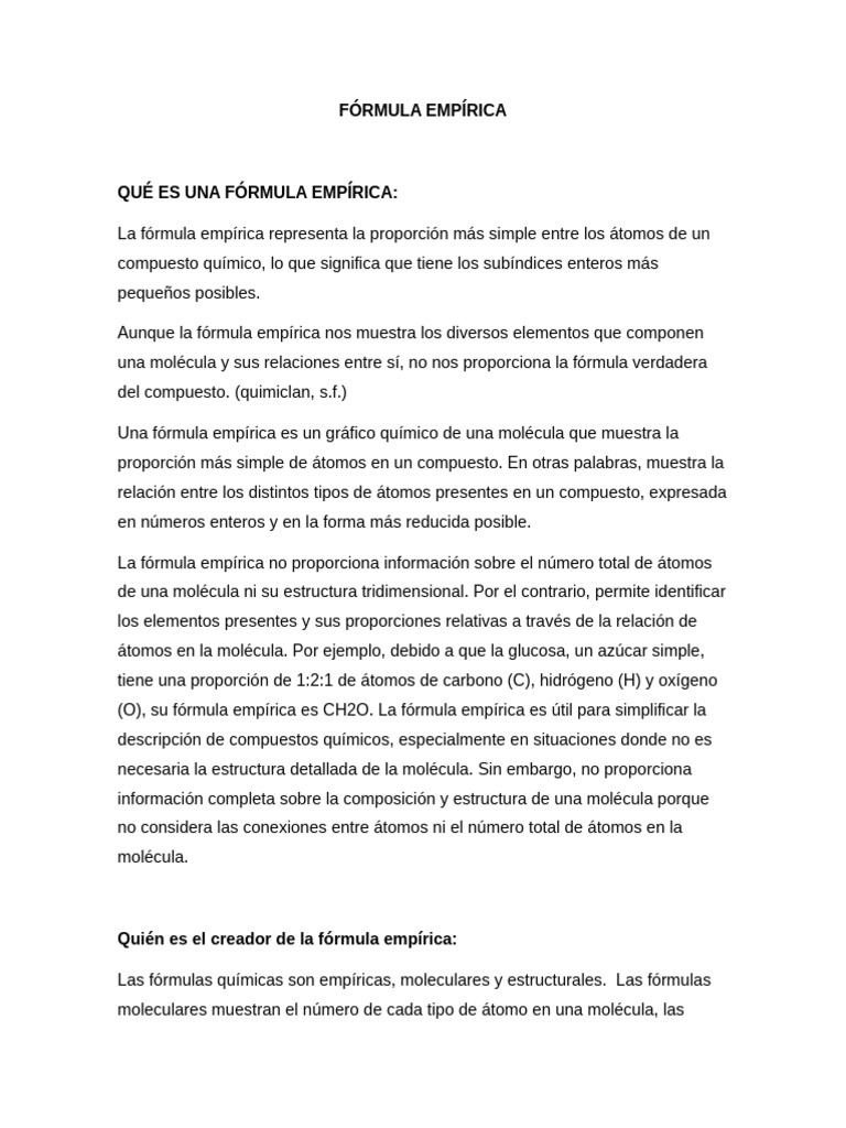 Fórmula Empírica: Definición y Usos | PDF | Química | Fórmula