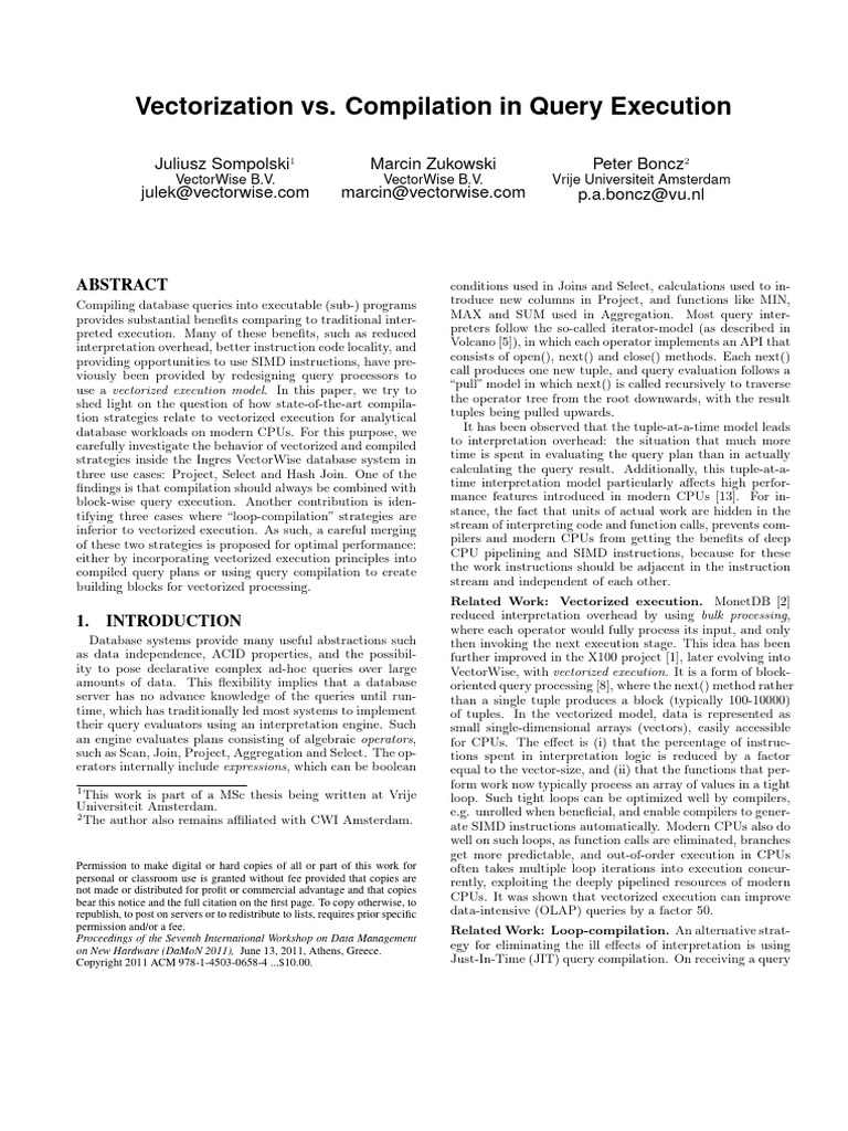 Vectorization vs. Compilation in Queries | PDF | Central Processing ...