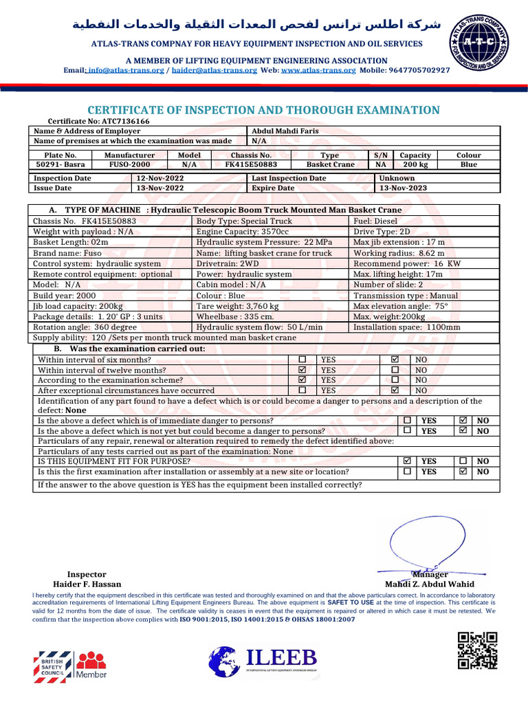 Heavy Equipment Inspection Certificate | PDF | Crane (Machine) | Truck