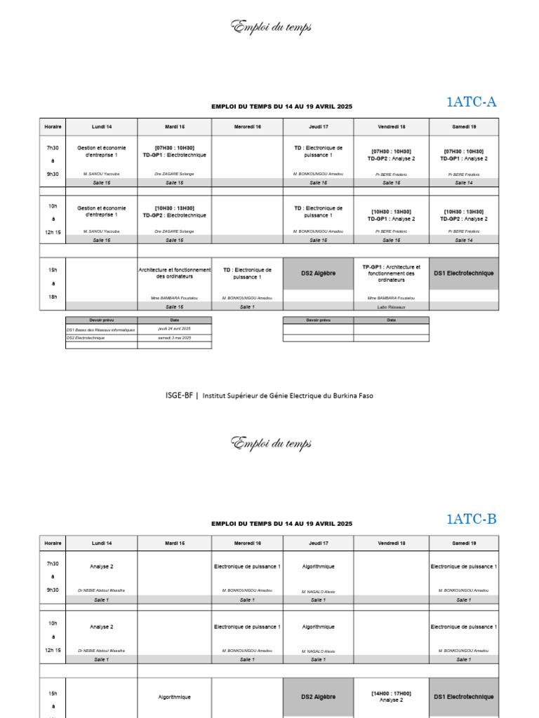Emploi du temps du 14 au 19 avril 2025 | PDF | Ingénierie informatique ...