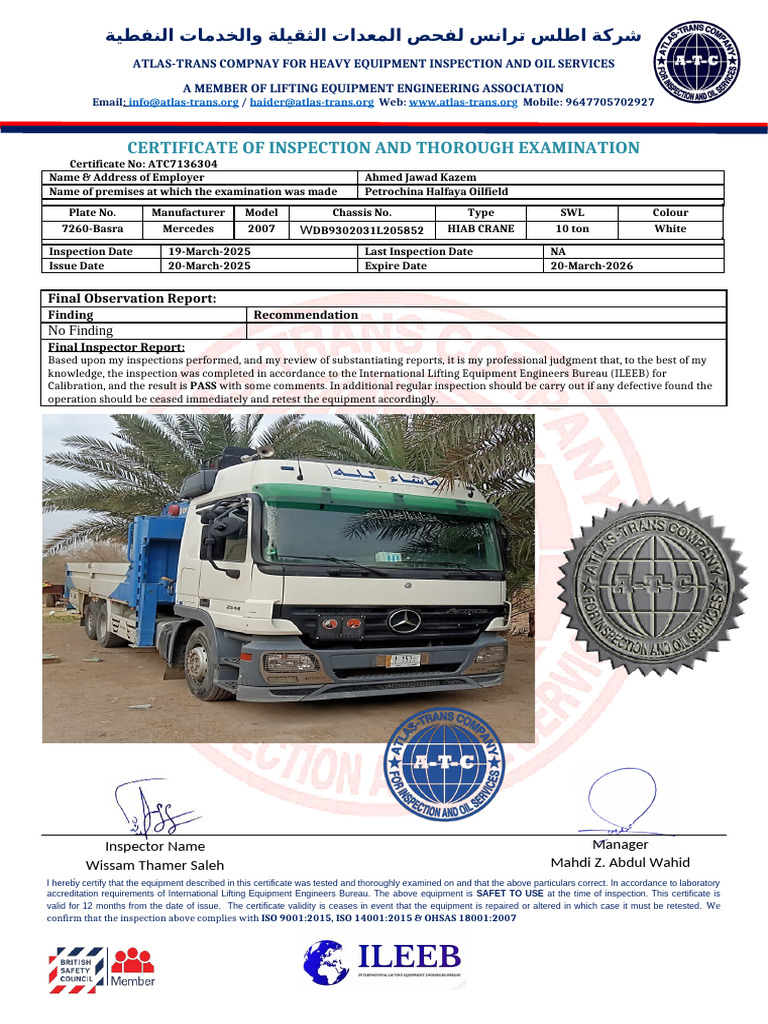 Heavy Equipment Inspection Certificate | PDF | Crane (Machine ...