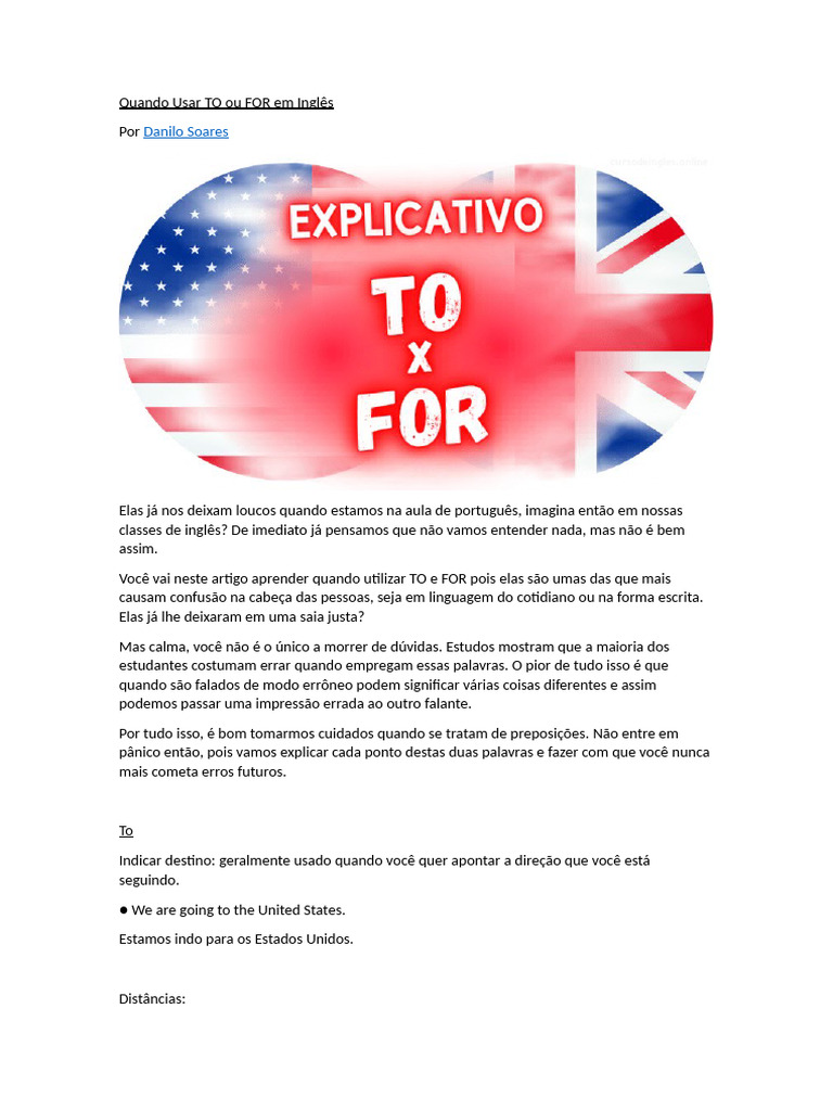 Uso de TO e FOR em Inglês | PDF