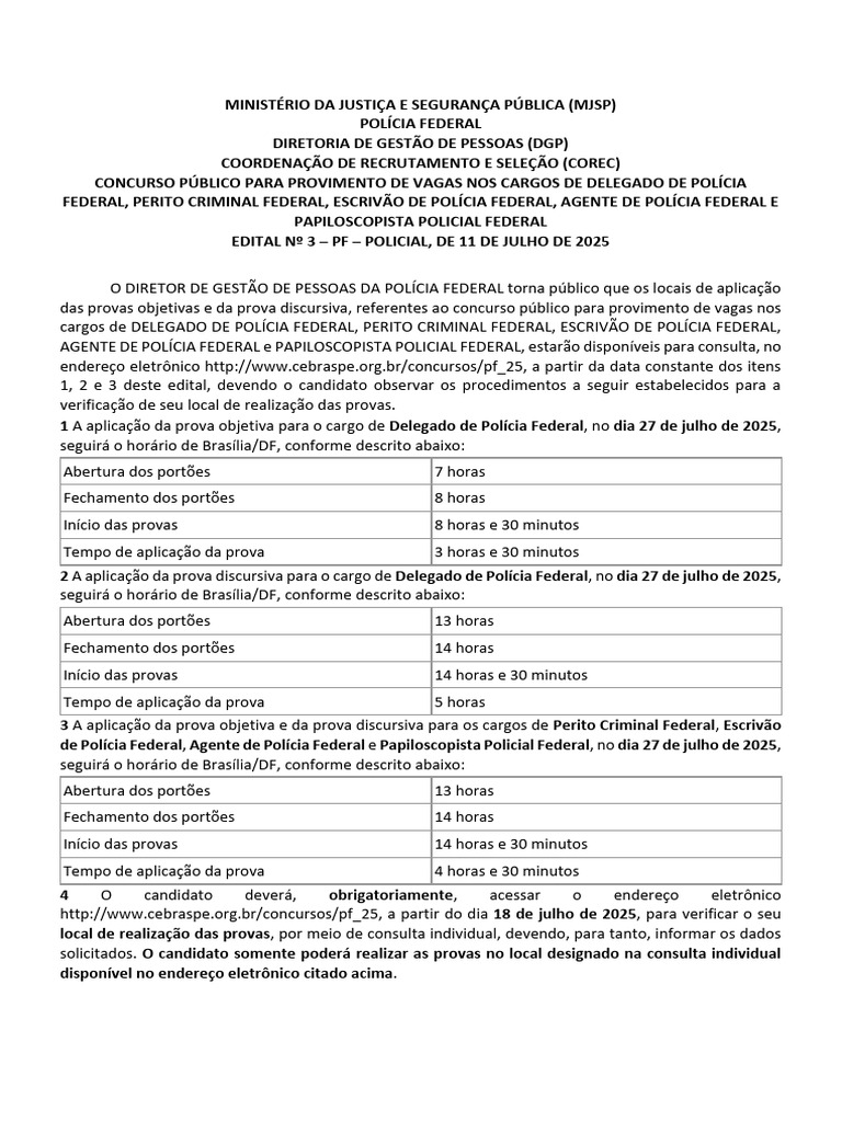 Locais e Horários da Prova PF 2025 | PDF | Polícia