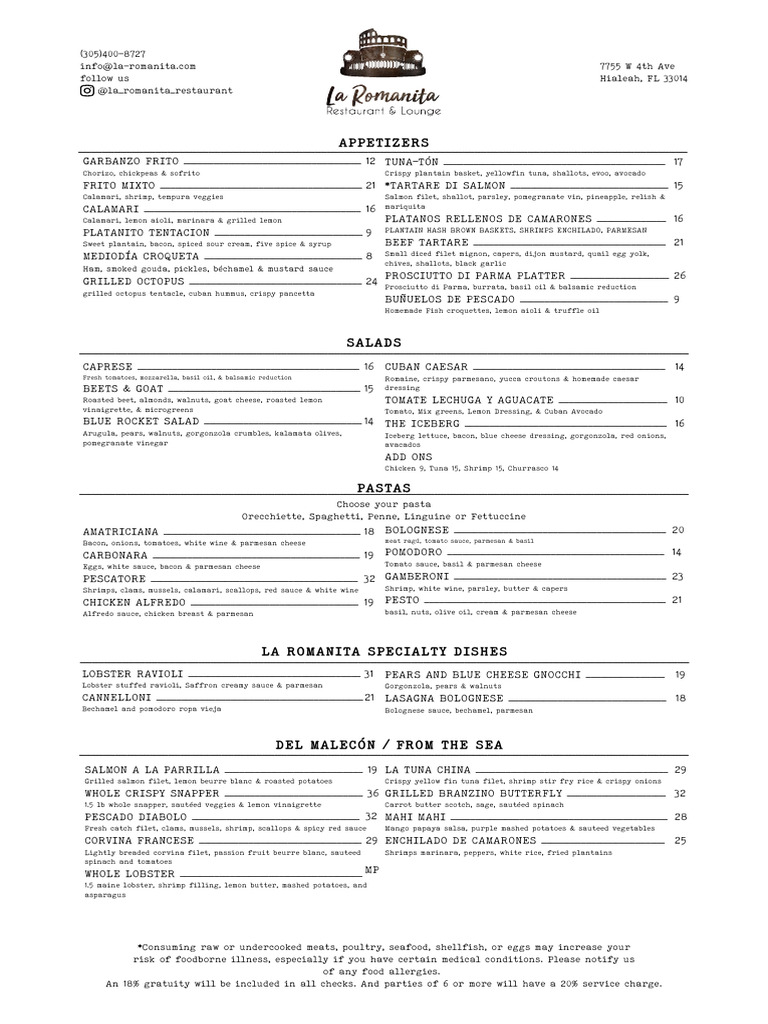 La Romanita Restaurant Menu | PDF | Sauce | Pasta