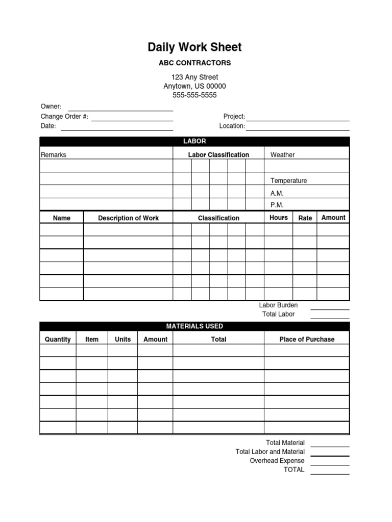Daily Work Sheet for ABC Contractors | PDF