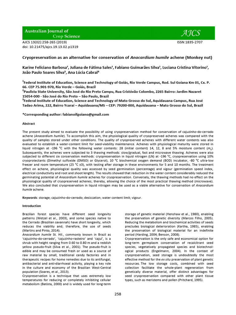 Cryopreservation of Anacardium humile Achenes | PDF | Seed | Germination