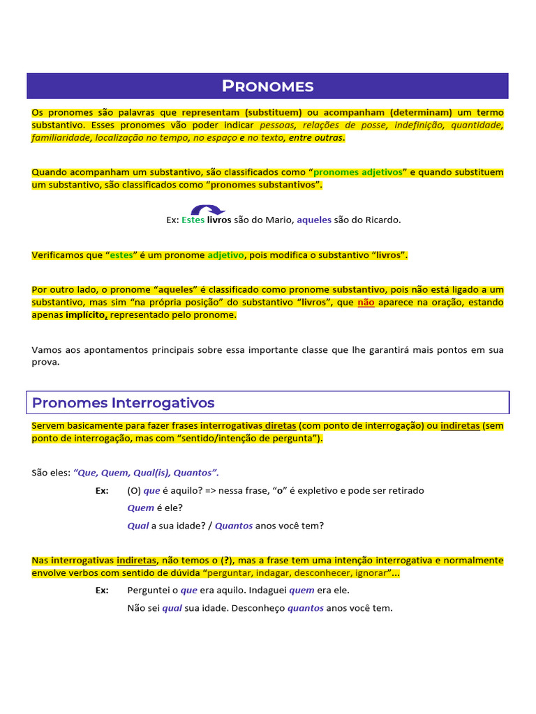 Tipos de Pronomes: Definições e Exemplos | PDF | Pronome | Gramática