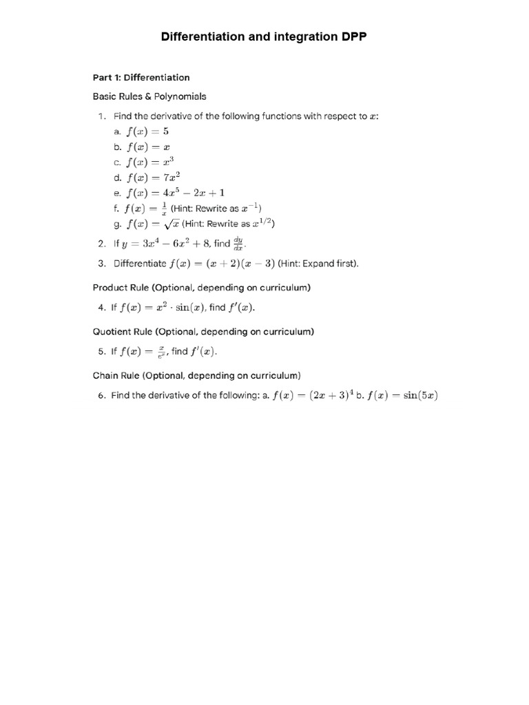 Differentiation and Integration DPP | PDF