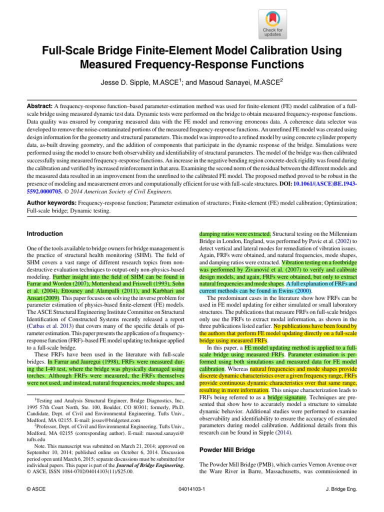 #Sipple Sanayei Full Scale Bridge Finite Element Model Calibration ...