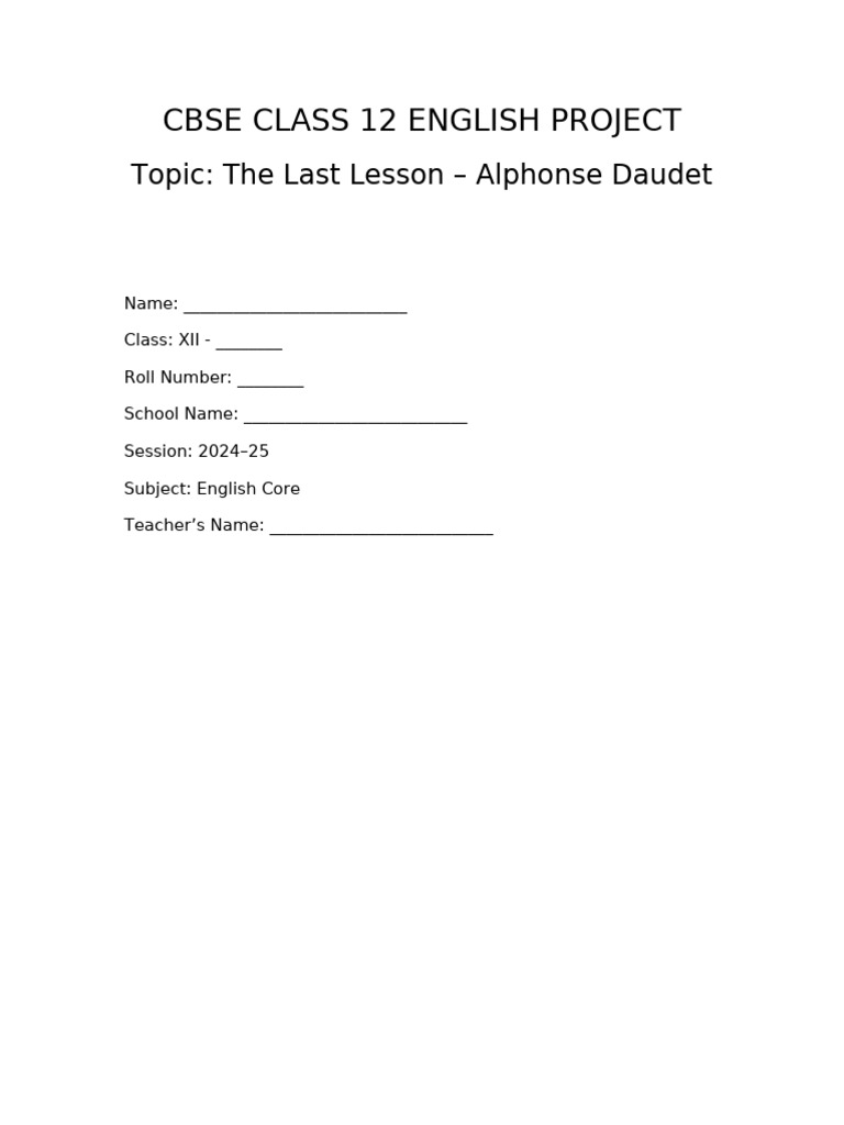 The Last Lesson English Project Class 12 Pdf