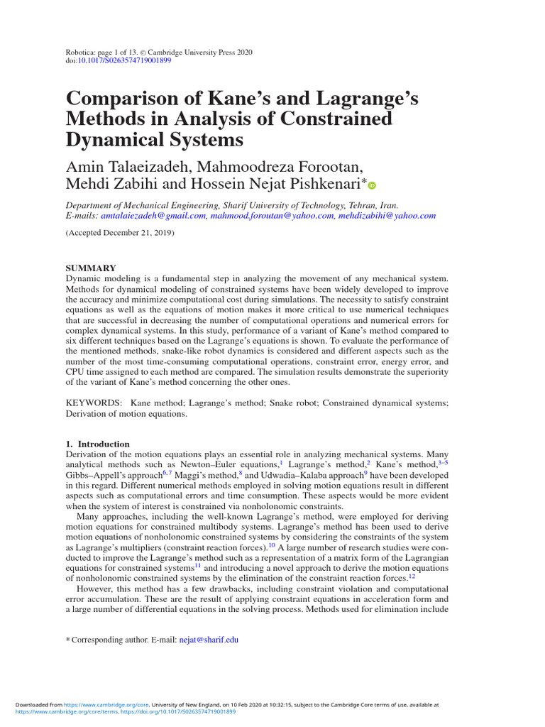 Comparisonof Kanesand Lagranges Methodsin Analysisof Constrained ...