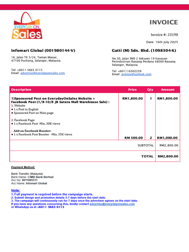 Invoice MY Gatti Sutera Mall Warehouse Sale EverydayOnSales INV-23190 | PDF