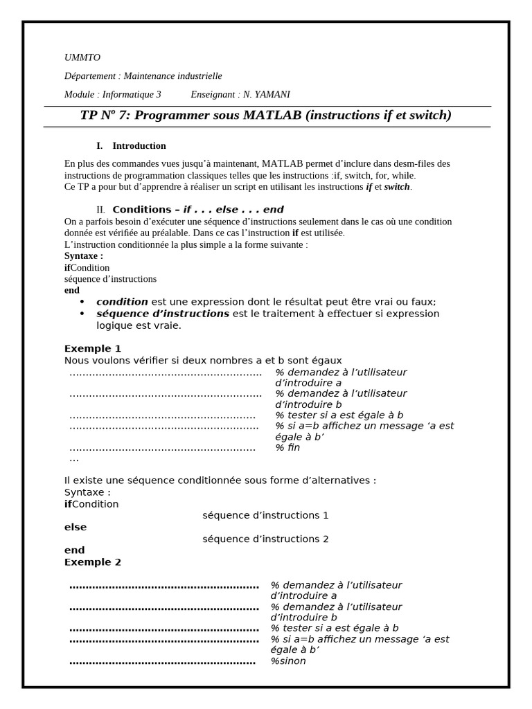 Programmation MATLAB : Instructions if et switch | PDF | Programmation ...