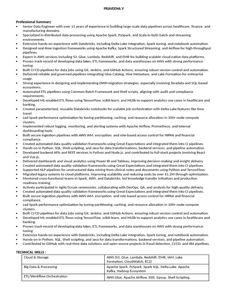 Senior Data Engineer Resume Summary | PDF | Apache Spark | Apache Hadoop