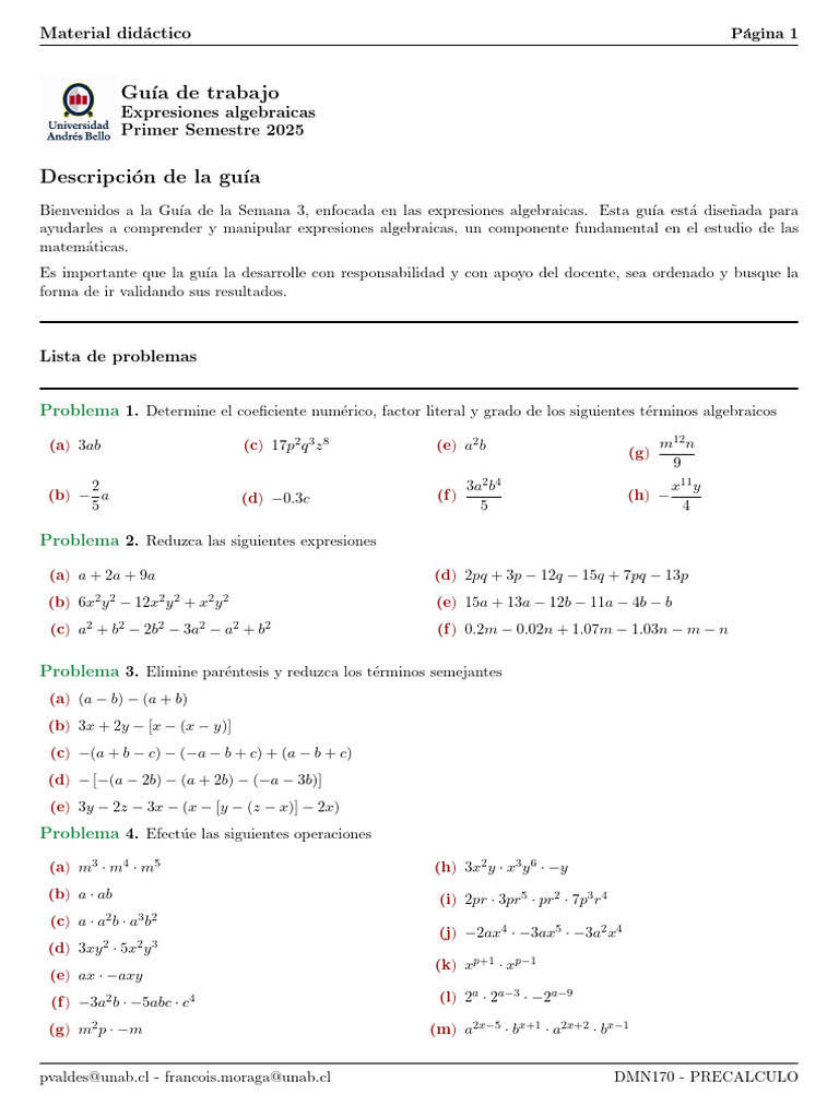 Guía de Expresiones Algebraicas 2025 | PDF | Matemáticas