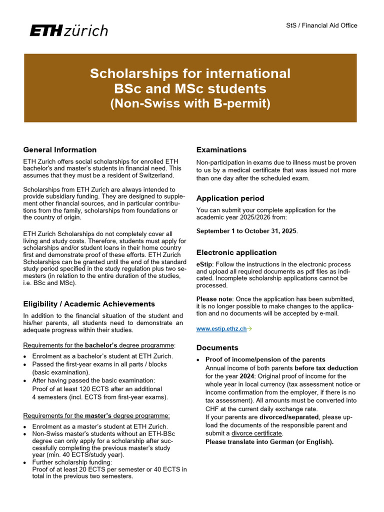 ETH Zurich Social Scholarships Info | PDF | Student Financial Aid In ...