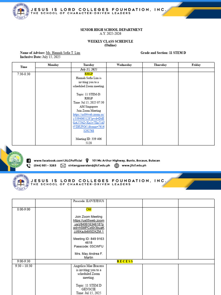 Grade 11 STEM-D Weekly Schedule | PDF
