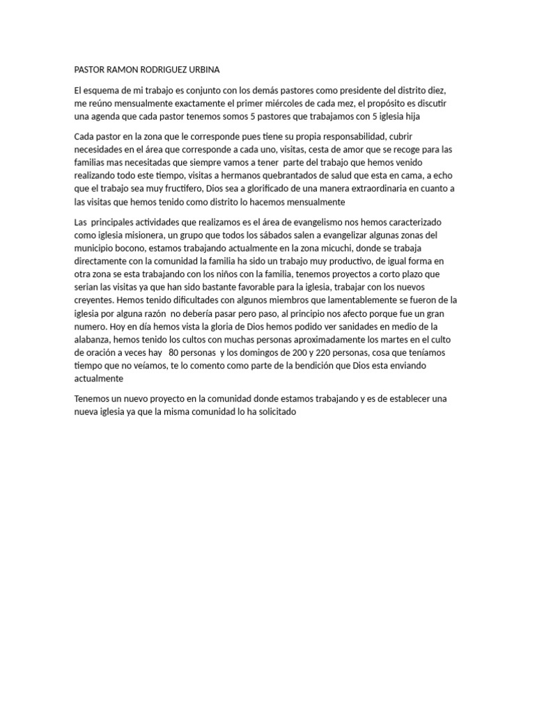 Actividades del Pastor Ramón Rodríguez Urbina | PDF