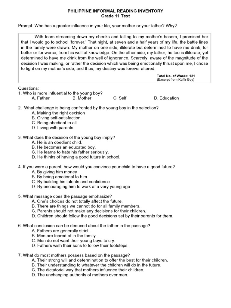 Philippine Informal Reading Inventory | PDF
