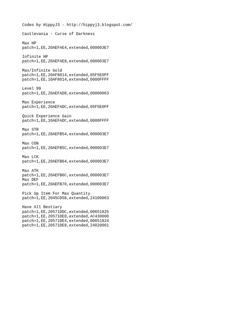 Castlevania Curse of Darkness Codes | PDF