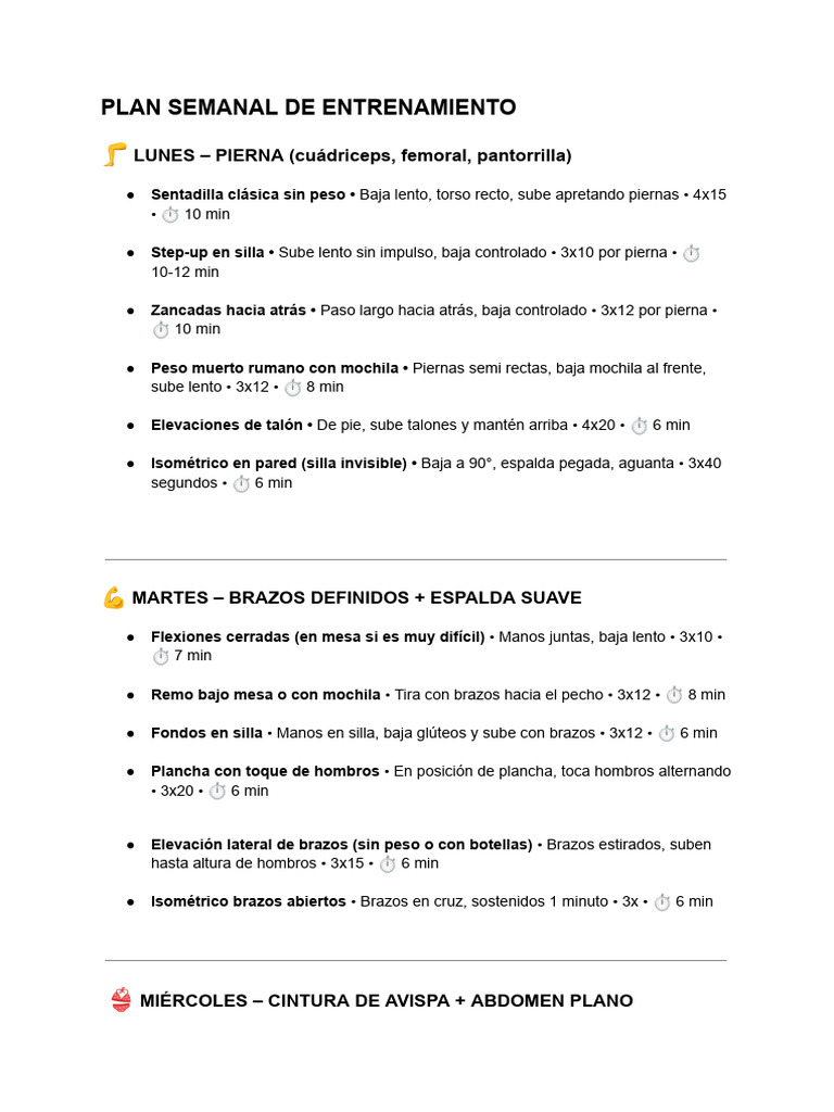 Plan Semanal de Entrenamiento | PDF | Entrenamiento con pesas