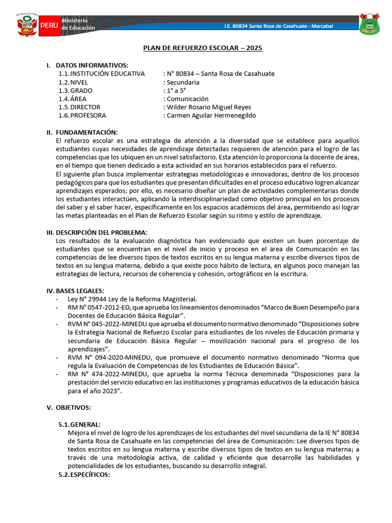 Plan de Refuerzo Escolar 2025 en Perú | PDF | Educación primaria | Maestros