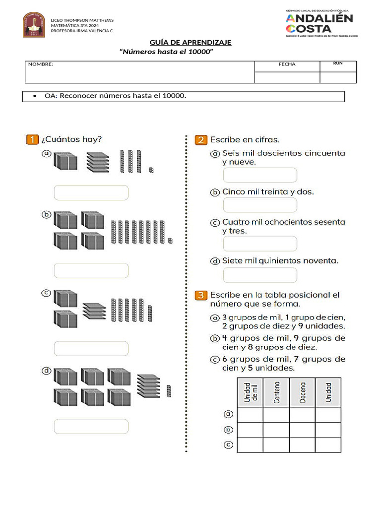 Guía de Números hasta 10000 - 3°A | PDF