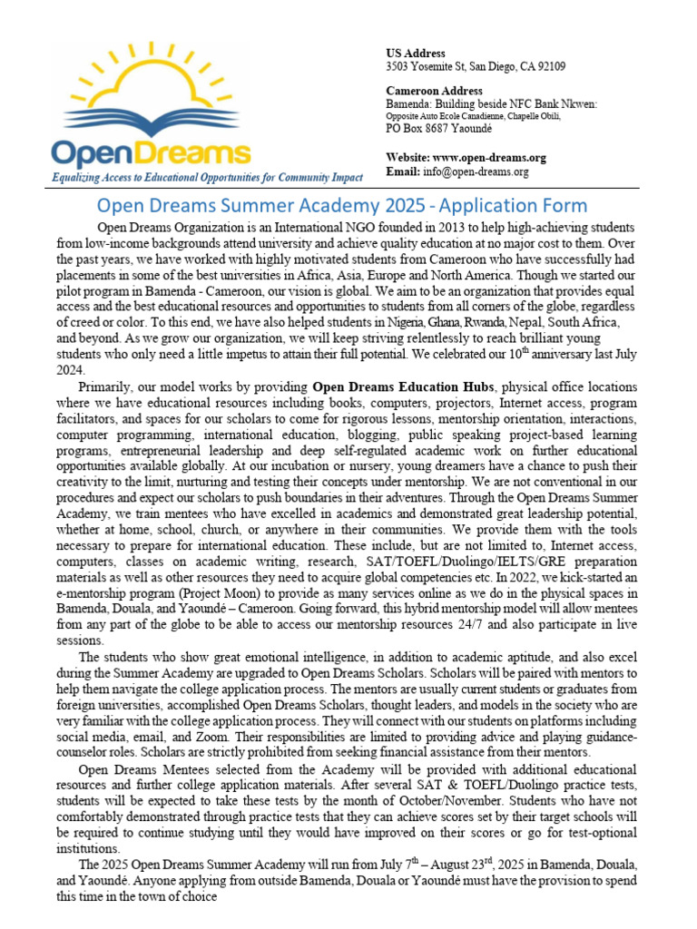 Open Dreams Summer Academy 2025 Application | PDF | Mentorship