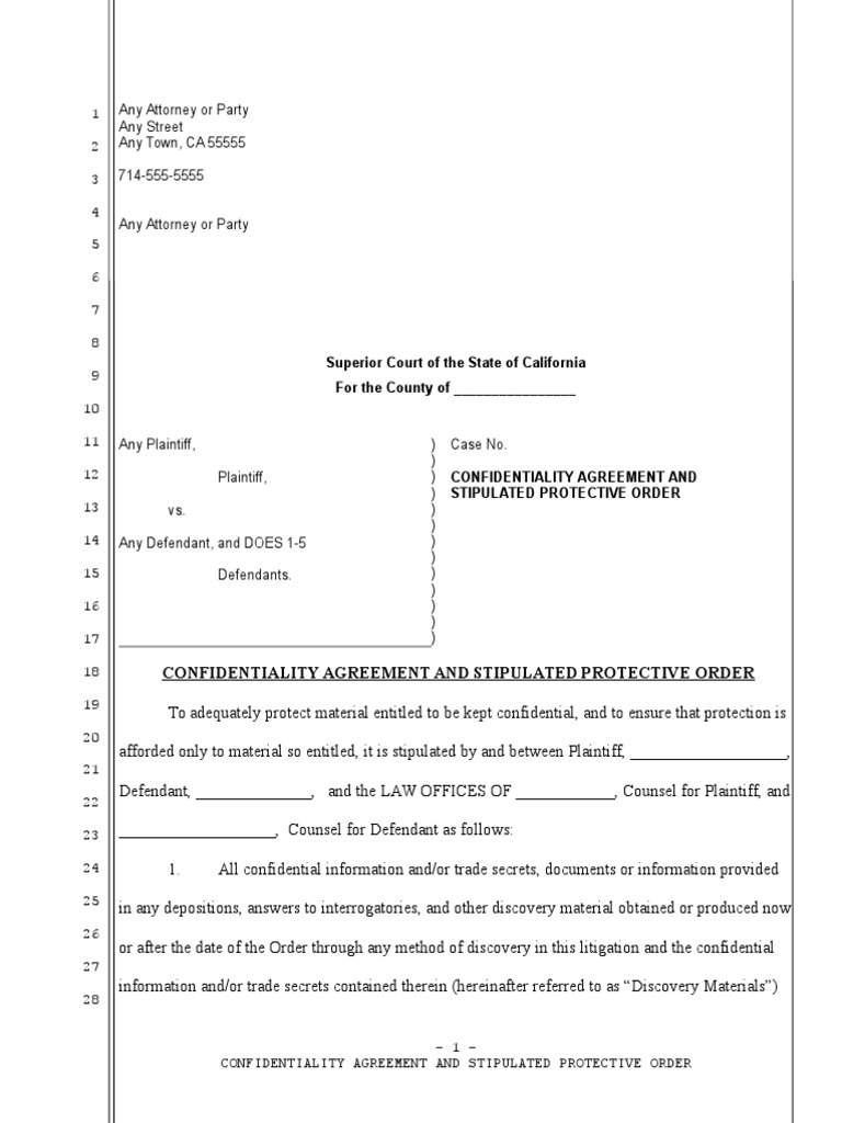 Sample confidentiality agreement and stipulated protective order for