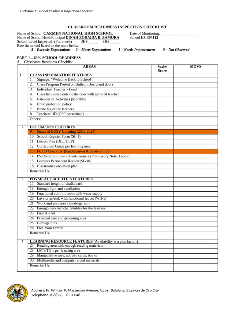 Classroom Readiness Inspection Checklist | PDF | Classroom | Learning
