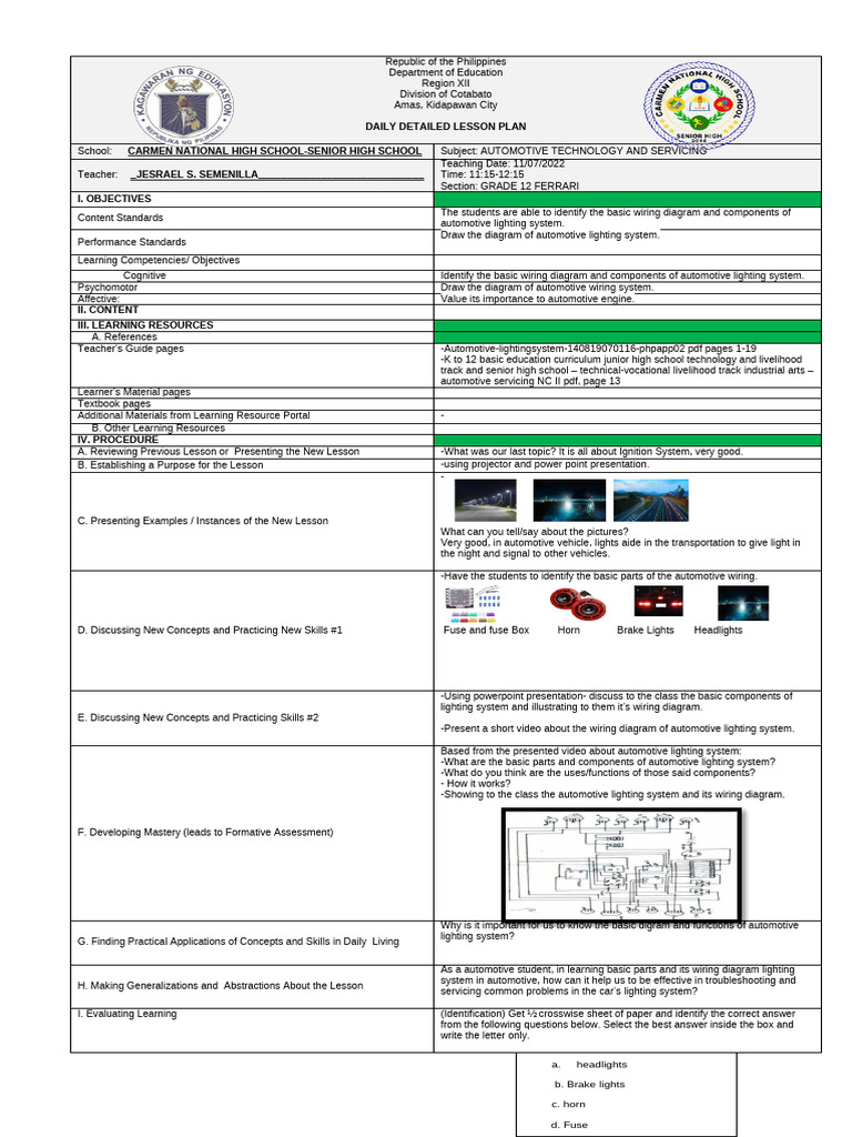 Daily Lesson Plan: Automotive Lighting System | PDF | Learning | Lighting