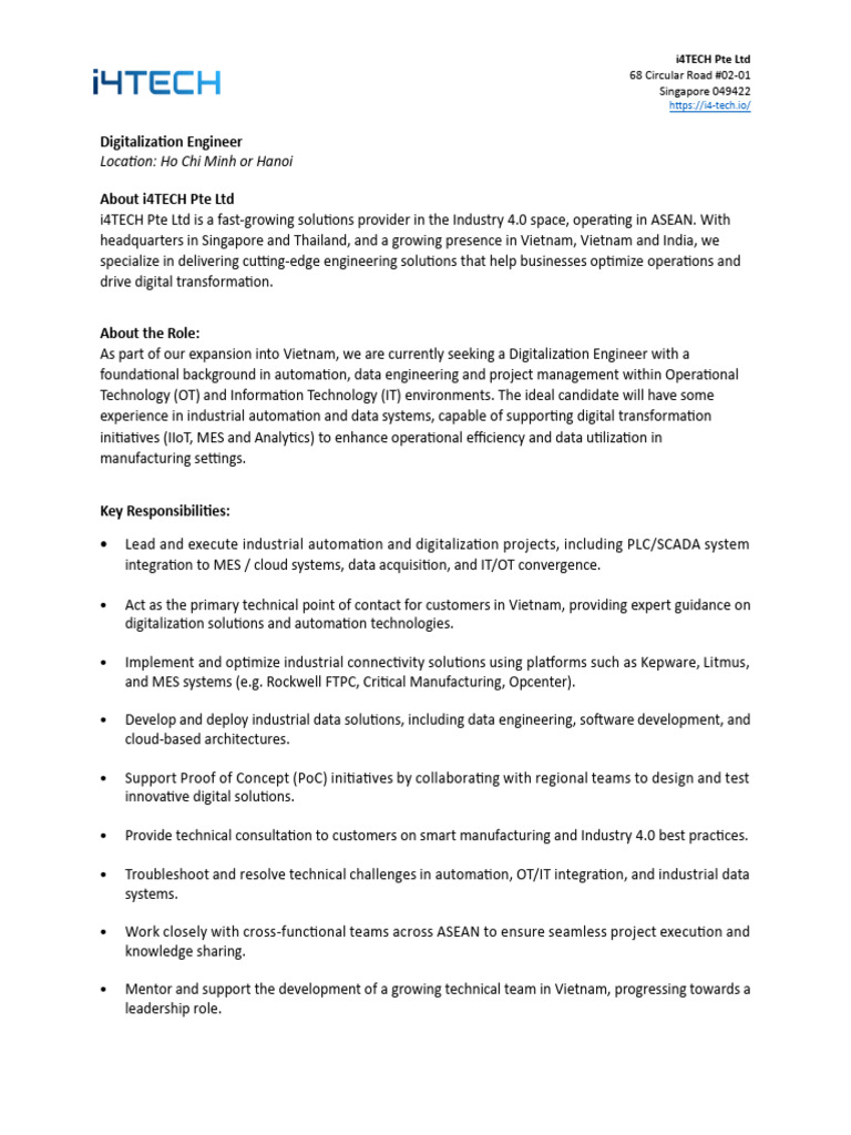 JD - Digitalization Engineer VN | PDF | Automation | Computing
