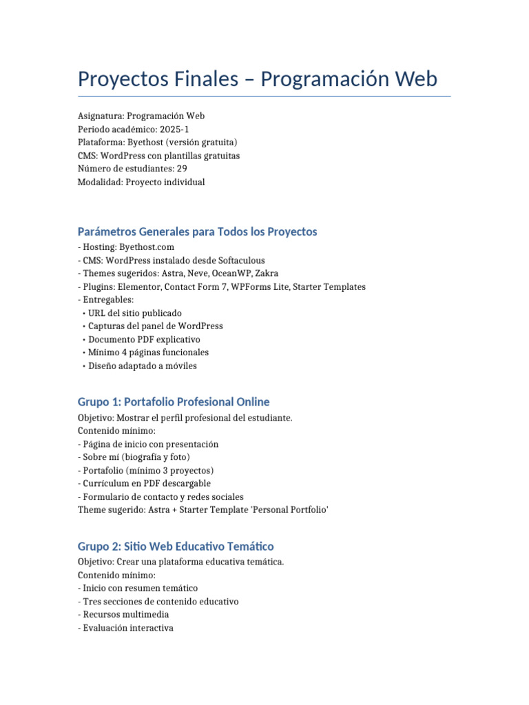 Proyectos Finales de Programación Web 2025 | PDF | Word Press | Multimedia