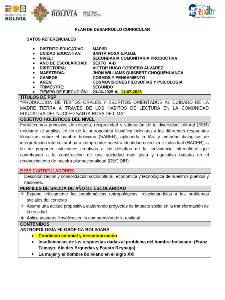 Plan Curricular: Descolonización en Bolivia | PDF | Bolivia ...