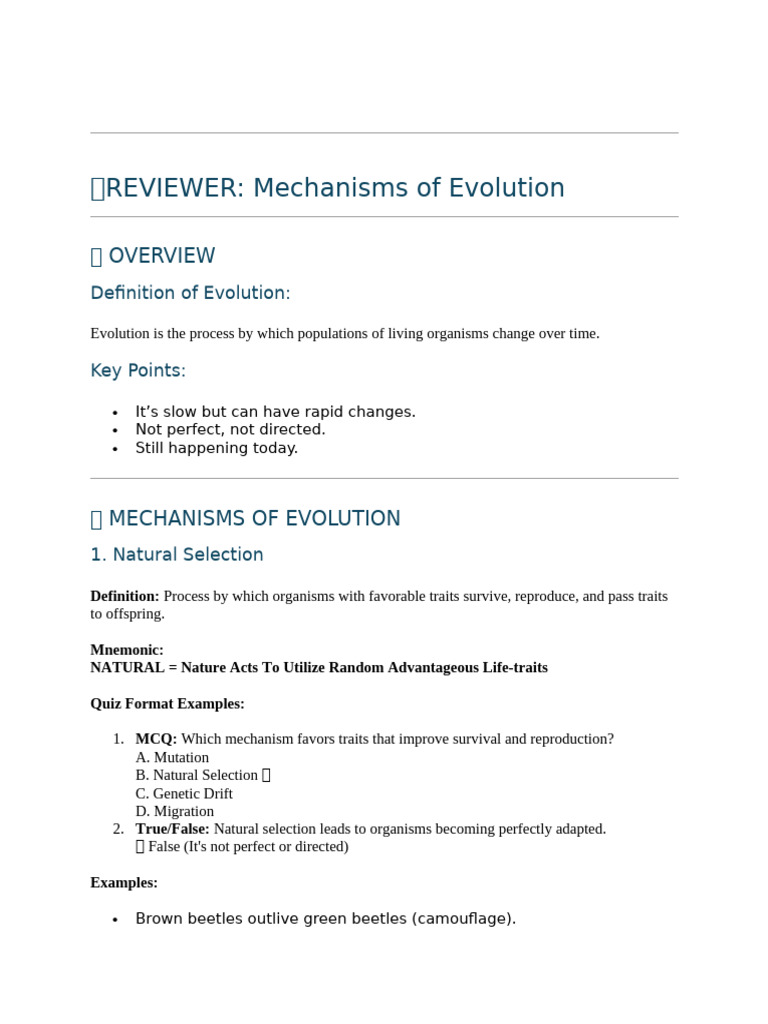 Mechanisms of Evolution Explained | PDF | Natural Selection | Genetic ...