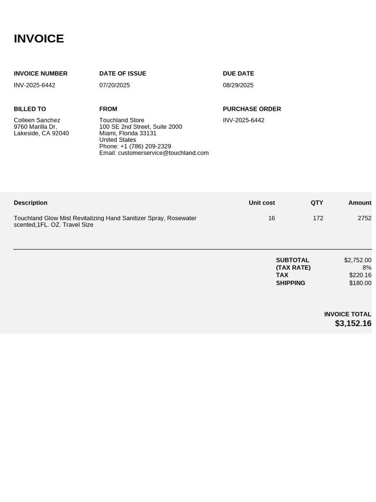 Invoice for Touchland Glow Mist Purchase | PDF