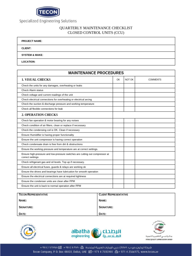 CCU Quarterly Maintenance Checklist | PDF