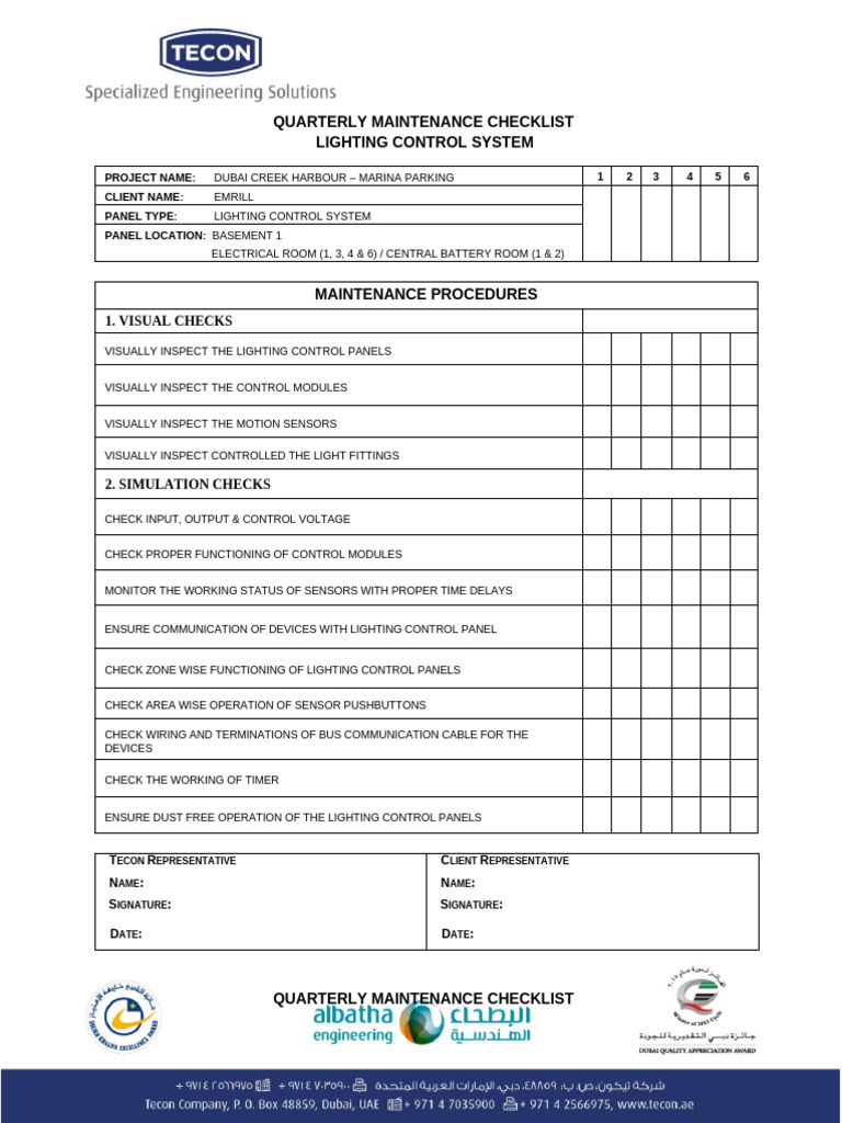 Lighting Control System Maintenance Checklist | PDF | Lighting | Sensor