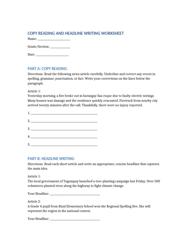 Copyreading and Headline Writing Worksheet | PDF